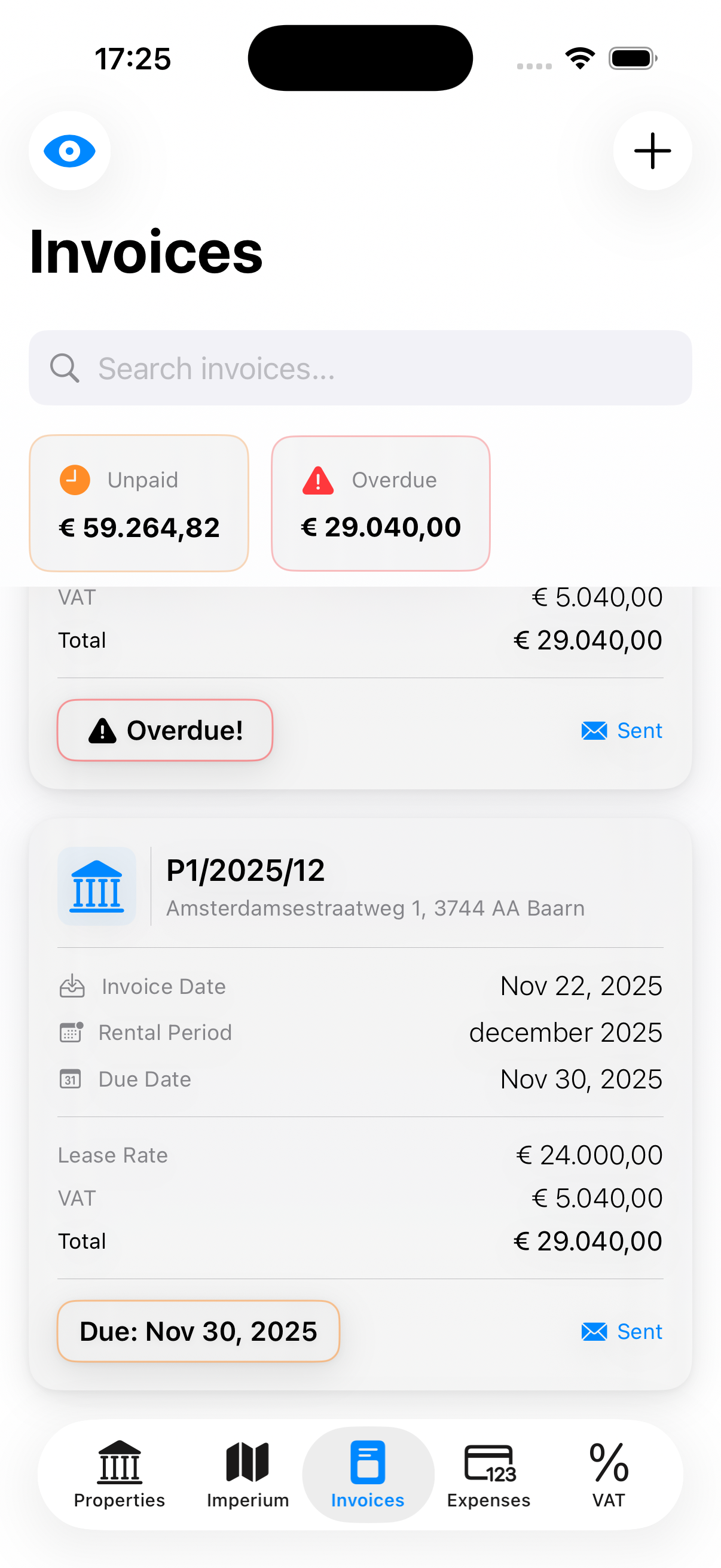 Invoice Management screen with invoice list and statuses